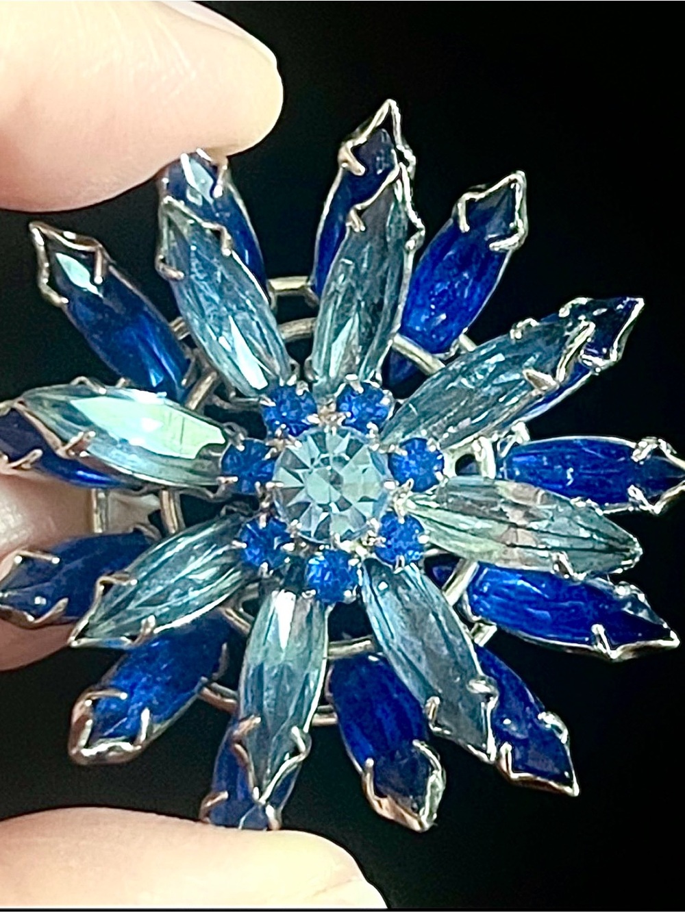 Blue Navette Silvertone 1950’s-60’s Snowflake Brooch